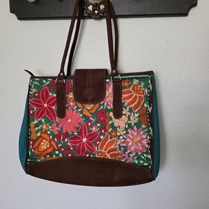 Source Unknown Floral Embroidered Tote - Brown and Multicolor